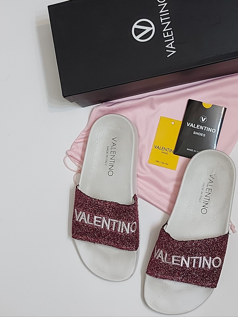 Valentino Women's White Slide Sandals with Burgundy Glitter Strap